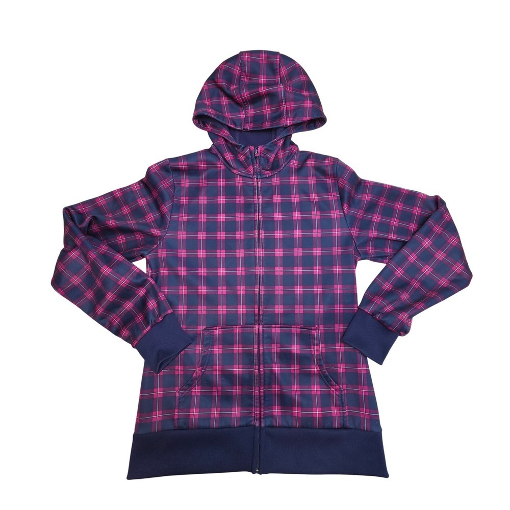 Burton Dryride Kids Large Full Zip Hoodie Plaid Pink Navy Blue Technical Fleece